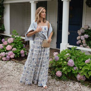 NWT Agua Bendita Lima Tiered Printed Linen Maxi Dress Fish Small Blue NEW